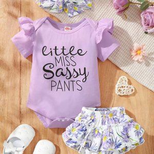 Baby Girl Romper Ruffle Crew Neck with Floral Print Bottom Shorts and Headband